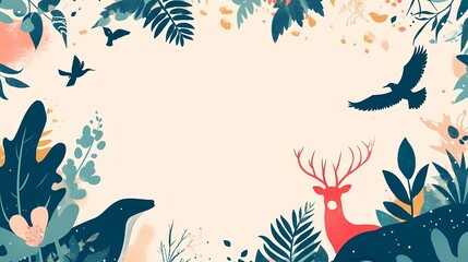 Flat illustration background for World Wildlife Day with stylized silhouettes of wild animals such as deer, birds, whales, and tropical plants. Use a unique, harmonious color palette with natural tone