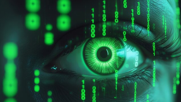 Close-up of a green eye with binary code flowing down.