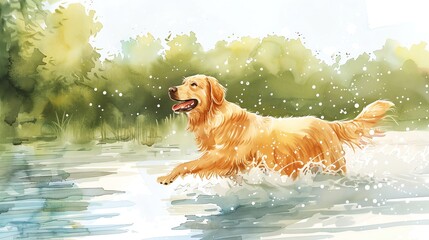 A watercolor painting of a golden retriever running through a stream.
