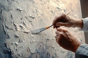 Close-up of artist's hands applying thick, textured white paint to a canvas with a brush.