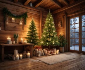 Fototapeta premium Fir Christmas tree decorated with candles and greenery in a cozy wooden cabin , wooden cabin, cozy