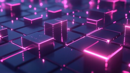 Abstract 3D cubes with neon light; futuristic background.  Possible use for technology, science, or design