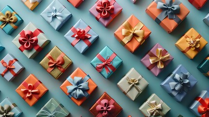 Fototapeta premium A pattern of wrapped presents with colorful ribbon and bows on a blue background.