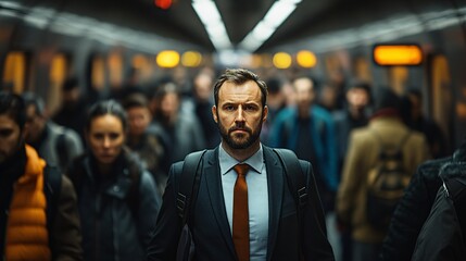 Fototapeta premium Businessman Commutes Through Crowded Subway Station