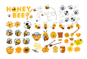 Cute Bee Honey Vector Set  Illustration