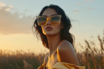 Woman with amber square sunglasses at sunset in a field.