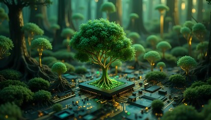 Enchanted Forest Circuit Board: Futuristic Technology Meets Nature in a Magical Landscape
