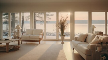 Fototapeta premium overlooking blurred lake home interior