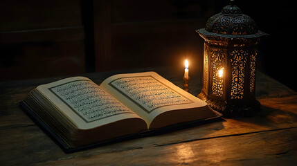 Holy book open, candlelit lantern, night, wooden table, Ramadan