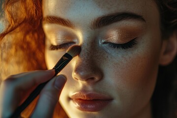 A redhead woman with freckles is getting makeup applied with a brush, focusing on her nose and eyes.
