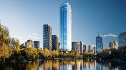 Fototapeta premium Modern Skyscrapers Reflecting in Calm City Water