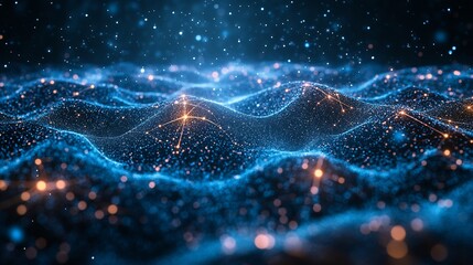 Lead generation represented a futuristic networking event with digital connections forming between potential customers and a glowing client acquisition pathway