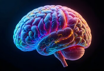 Vibrant Neural Brain Visualization with Colorful Electric Impulses and Neural Connections &ndash; Futuristic Science and Technology Concept