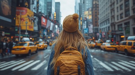 Obraz premium Young woman with yellow backpack and hat walking in Times Square, New York City, during a rainy day with taxis and skyscrapers in the background