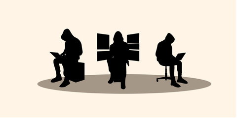 Graphic set silhouette of hacker illustration. 2D icon of man shadow dark. Cyber attack crime. vector illustration.