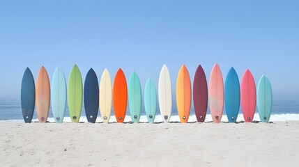 33. A colorful assortment of surfboards lined up on a sandy beach