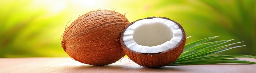 Fresh whole and halved coconuts.