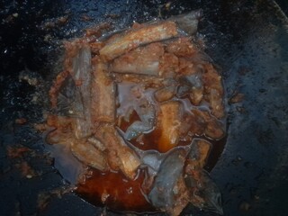 sauteed balado eggplant in a frying pan. background concept of traditional food, food recipe, breakfast, lunch, dinner, dish, meal, cuisine, ingredient, lifestyle, vegetable, vegetarian, culinary