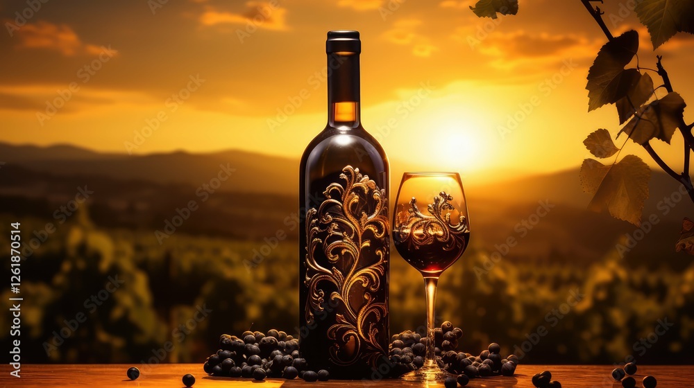 Wall mural sungolden wine bottle silhouette