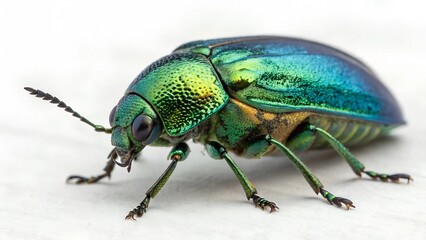 Fototapeta premium Jewel-toned Beetle Close-up: A vibrant green and blue metallic beetle, showcasing intricate details of its carapace and delicate legs, is captured in a stunning close-up shot.