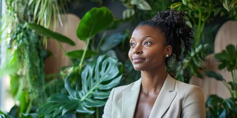 A businesswoman engaged in a virtual meeting in front of a creative and motivational workspace with plants.