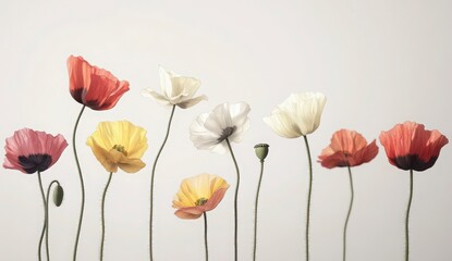a row of colorful poppies in soft light.  The poppies are various shades of red, orange, yellow, and white, creating a vibrant and elegant display.
