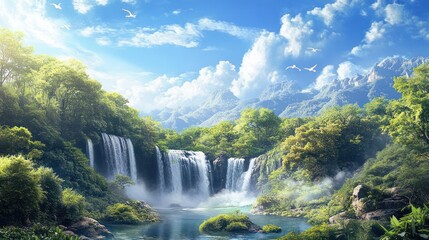 Fototapeta premium Lush Waterfall, Mountain Paradise, Birds Fly, Tranquil Scene, Travel Poster
