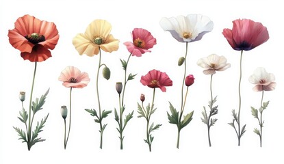 a collection of delicate poppy flowers in various shades of red, pink, yellow and white. The flowers are arranged in a row, with their stems and leaves visible.