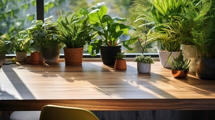 Fototapeta premium greenery wood table plant