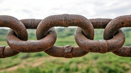 Fototapeta premium Close-up of Rusty Chain Links Amidst Lush Greenery Symbolizing Environmental Security