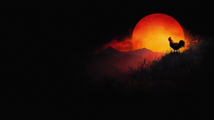 Silhouette Of Rooster Against A Pixelated Orange Rising Sun In Dark Landscape