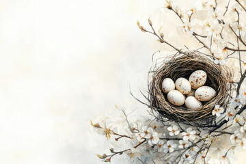 Fototapeta premium A delicate bird's nest with speckled eggs rests among blossoming branches, evoking a sense of renewal and tranquility in nature's serene embrace.