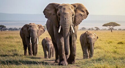 Fototapeta premium a massive African elephant leading its herd across the golden plains of the Serengeti