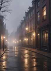 Foggy evening with mist-covered streets and old townhouses , europe, old townhouses, architecture