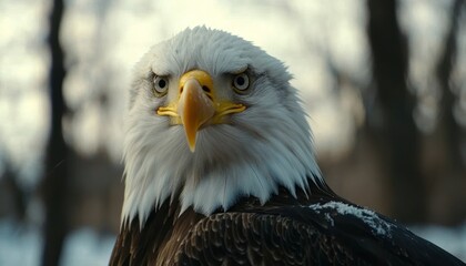 Obraz premium A bald eagle with white feathers and a yellow beak is looking at the camera, its head turned slightly to one side, against a blurred background