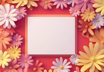 Fototapeta premium Floral Frame for Your Message: A vibrant composition of 3D paper flowers in various pastel hues frames a blank white space, ready for your message, on a bright coral background.