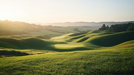 Obraz premium Sunlit Golf Course Rolling Hills Landscape