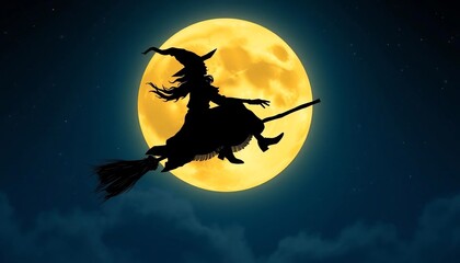 Silhouette of a Witch Flying on a Broomstick in Front of a Large Yellow Moon at Night
