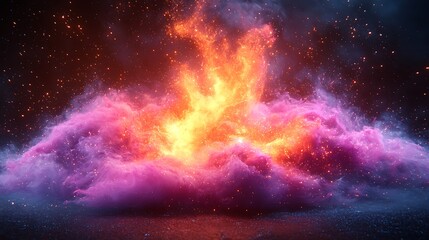 Obraz premium Fiery Eruption: A vibrant and ethereal spectacle unfolds as a radiant inferno erupts from a swirling mass of violet smoke, creating a mesmerizing juxtaposition of fire and vapor.