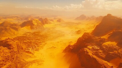 Naklejka premium Golden desert landscape panoramic view warm sunlight hazy atmospheric perspective. AI Generated