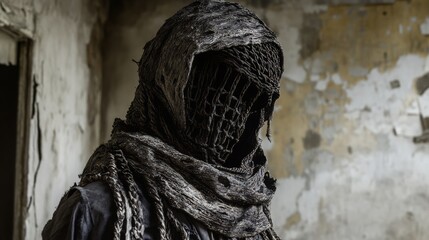 Grim figure shrouded in mystery, standing amidst decaying architecture