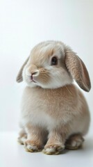 Fototapeta premium Adorable Fluffy Beige Rabbit Sitting on White Background