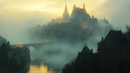 Fototapeta premium Misty dawn over medieval town, river, bridge; fairytale fantasy illustration, book cover