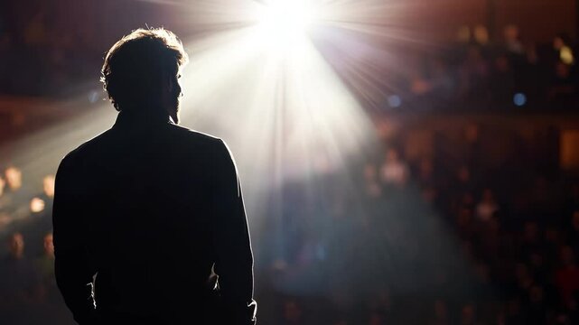 Cinematic Footage of an Anonymous Man Standing Under a Spotlight on Stage in Front of a Sold-Out Audience. Motivational Speaker or a Stand Up Comedian Making an Unforgettable Performance
