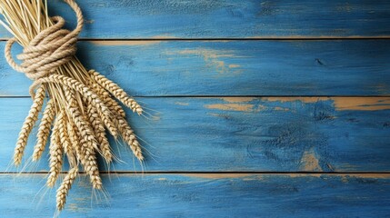 Fototapeta premium Wheat Sheaf on Rustic Blue Wood: Golden wheat stalks tied with a rustic rope, arranged on a weathered blue wooden surface.