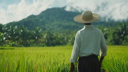 Farmer with straw hat surveys his rice paddy field