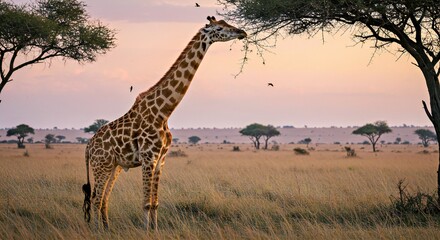  a towering giraffe gracefully reaching for acacia leaves as the sun sets over the African savanna 