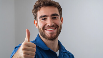 A young beautiful man worker raised her hand and smiled, giving a thumbs-up Made with generative AI