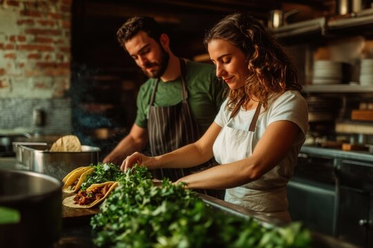 A culinary team meticulously prepares delicious tacos, adding fresh herbs for an exquisite touch.
