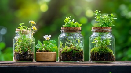 Small ornamental plants in glass bottles, with a forest and an ecosystem built in, an eco-friendly concept.